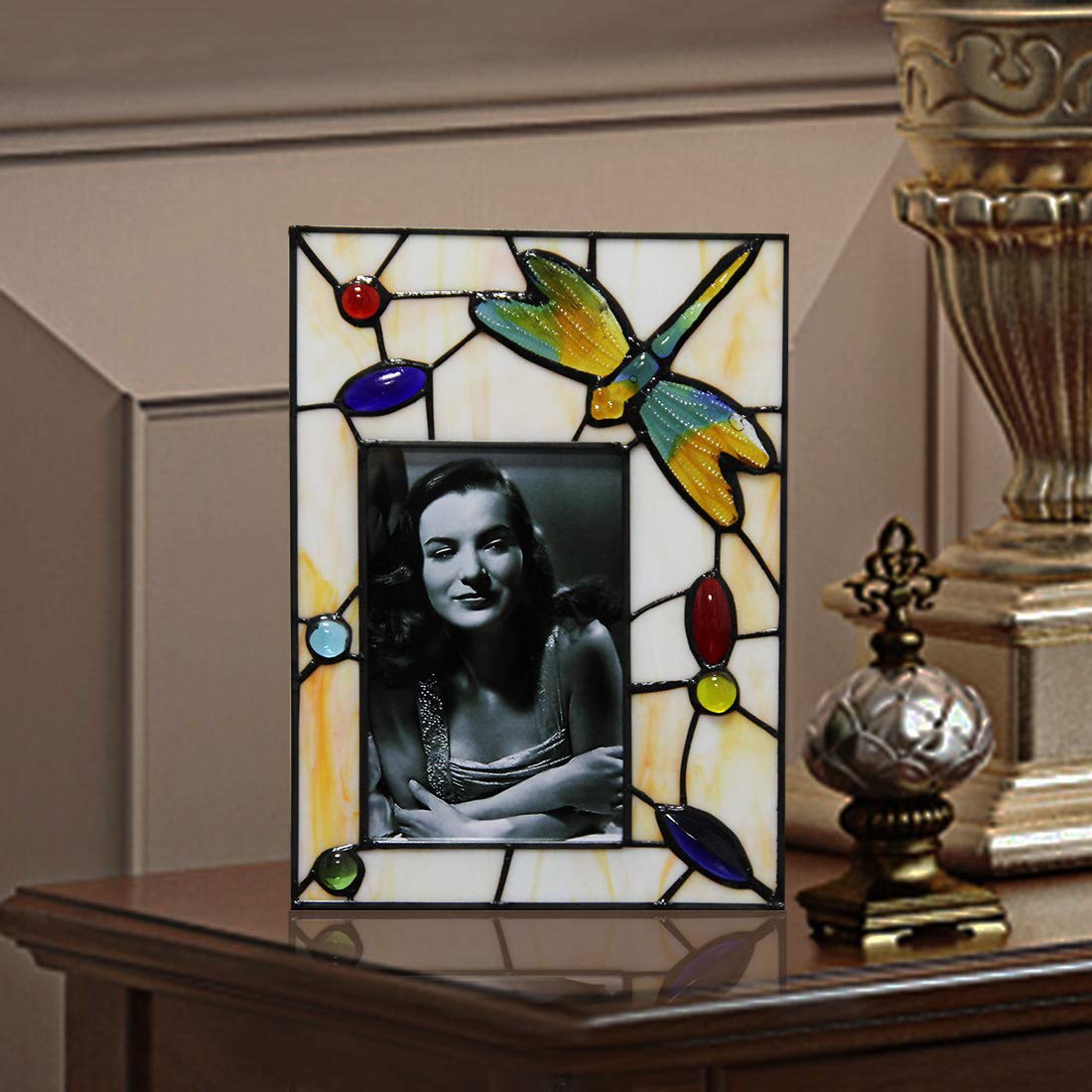 Makenier Vintage Tiffany Style Stained Glass Dragonfly & Bead 4x6